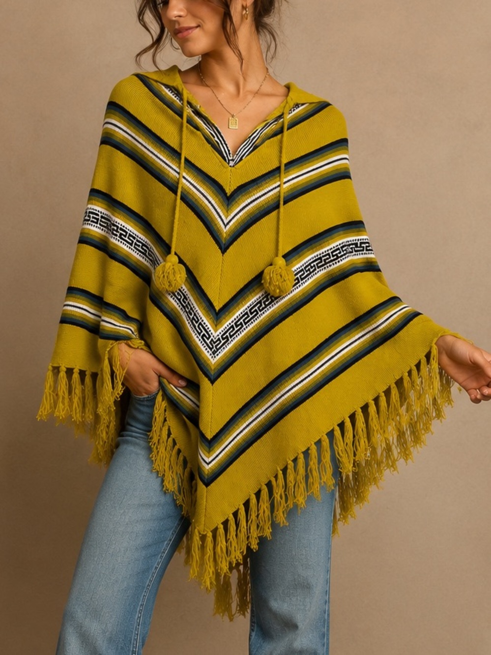 Vintage Yellow (with green hue) and Blue Striped Poncho with Fringe